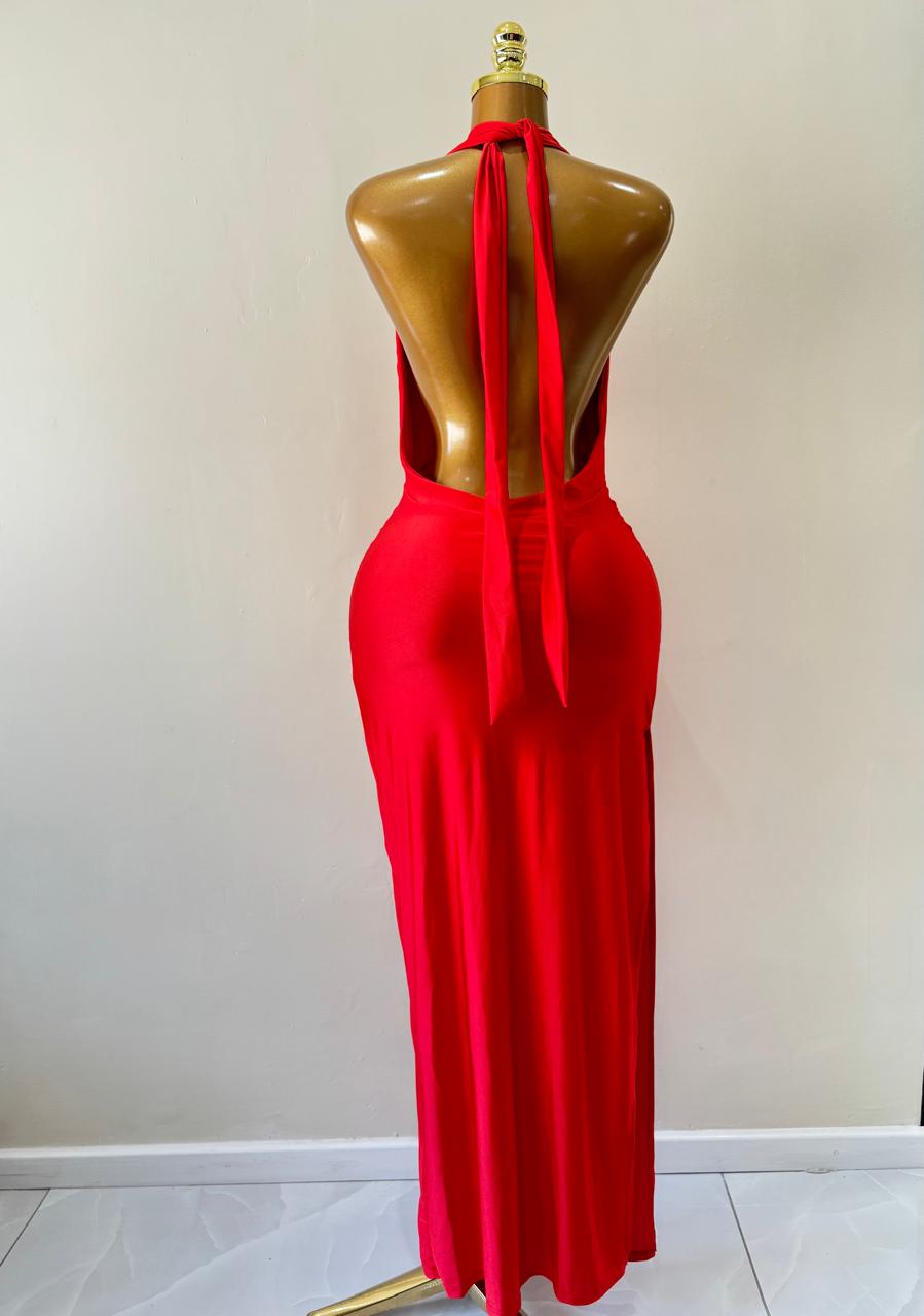 Red backless party maxi dress with a side slit