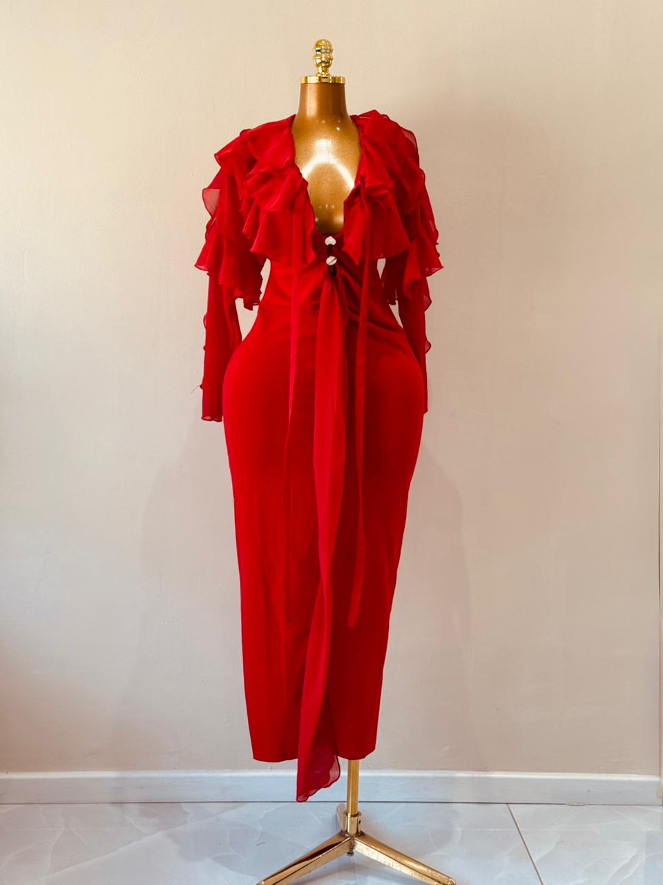 Crimson ruffle mid dress