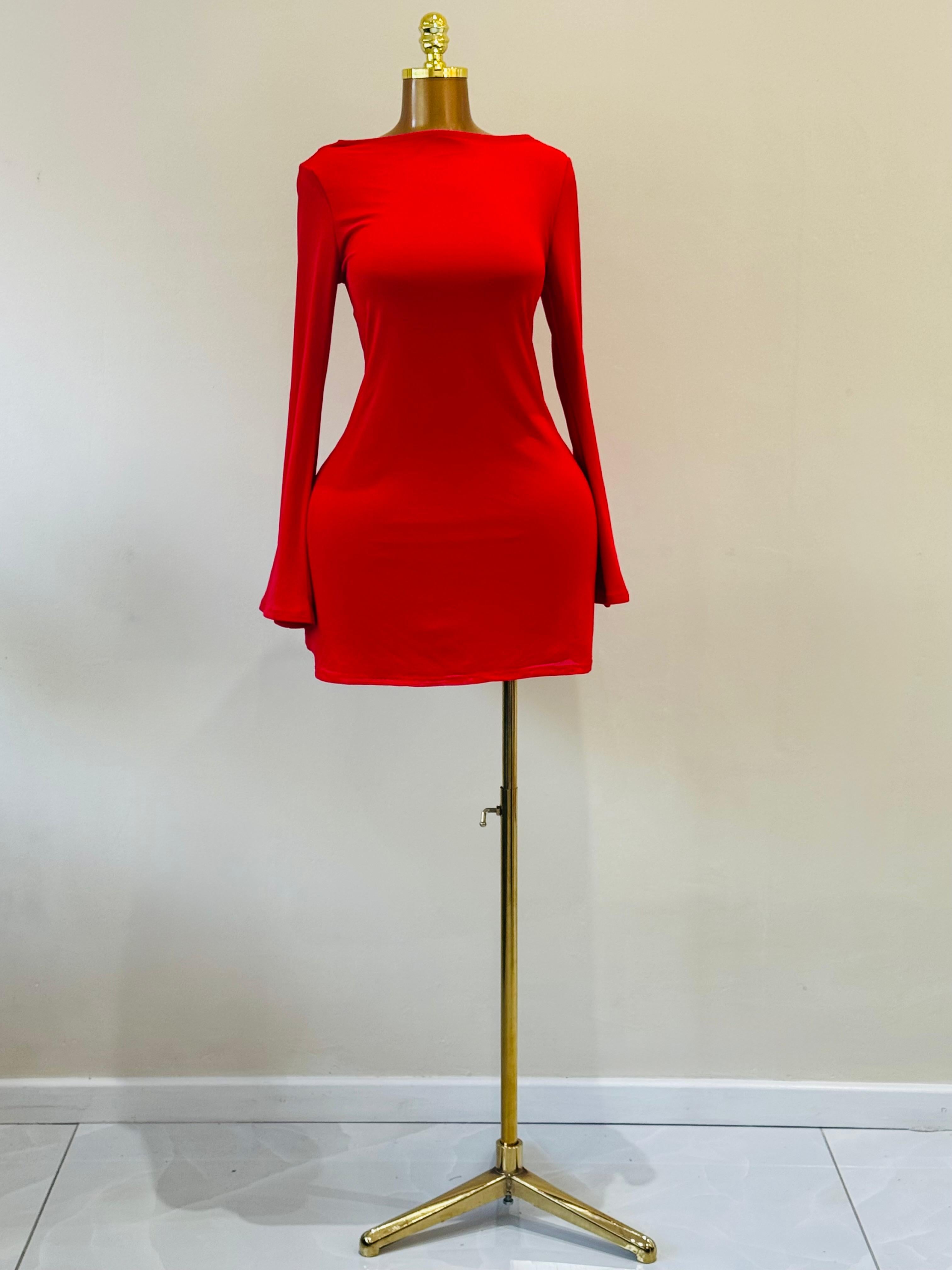 Alluring red black less short dress with flared arms