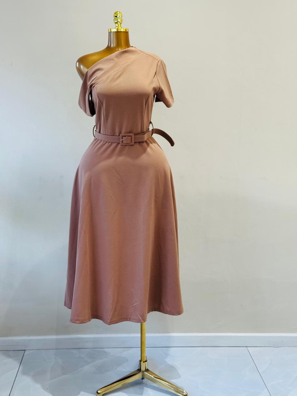 Off shoulder beige flared dress